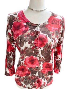 Talbots Floral Cardigan | Women’s Size LP | 60% Cotton Rayon Blend | Pink/Red